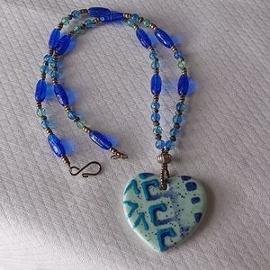 Handmade Necklace of Sterling, hand blown glass,Ceramic Pendant